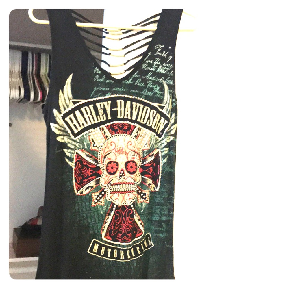 Harley Davidson Swarovski Crystal Skull Shirt M